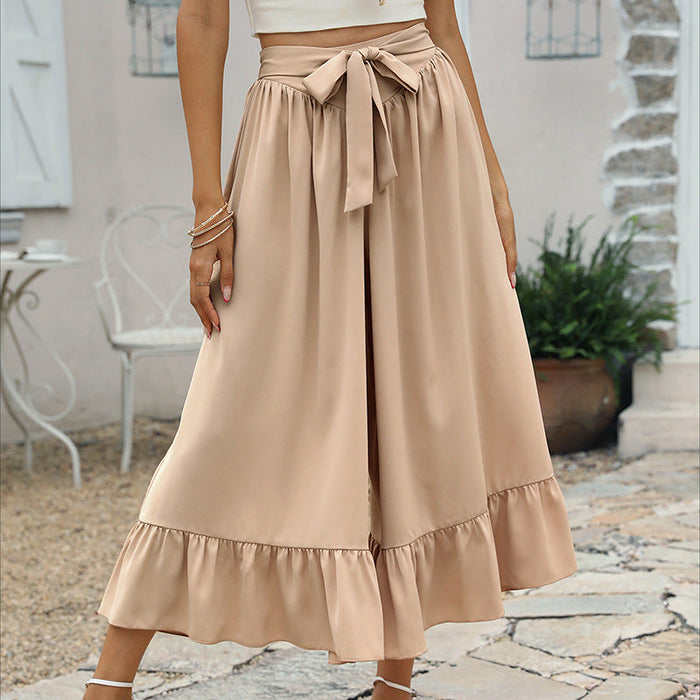 Self Developed Popular Summer Ruffles Series Belt Khaki Long Culottes