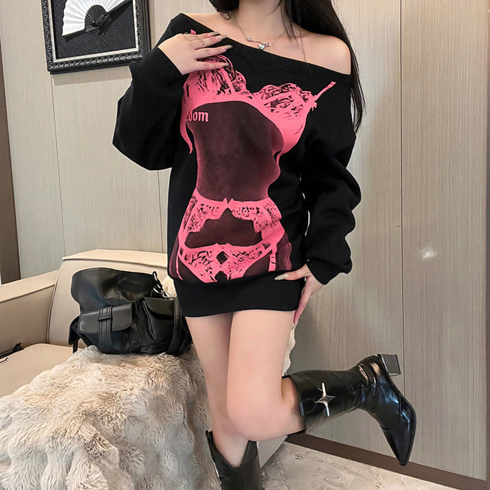 Autumn Winter Elegant Loose Top Women Clothing Street Slim Fit Sexy Printed Sweater Women