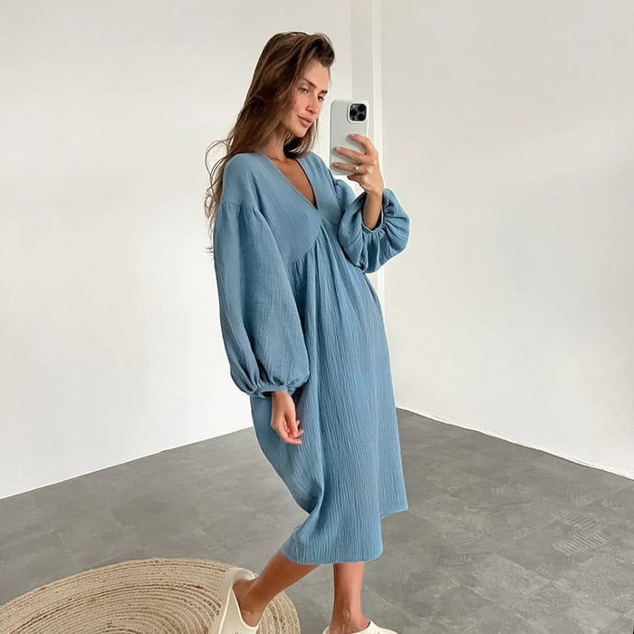 Autumn Double Layer Gauze Cotton V-neck Loose Lantern Sleeve Skin Friendly Pure Cotton Confinement Clothing Ladie Homewear Pajamas