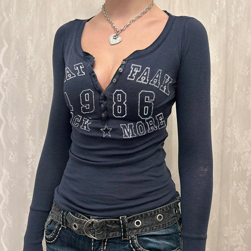 Letters Numbers Printed Long Sleeved T Shirt Women Half Breasted V Neck Pullover Base Short Top