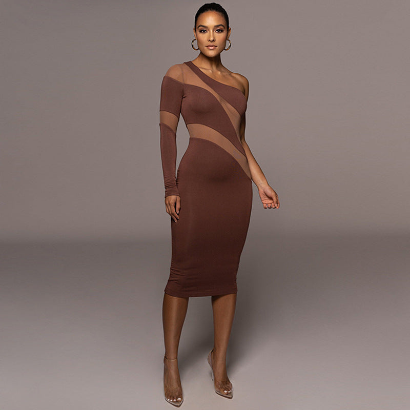 Women Clothing Autumn Personality Solid Color Mesh See through Diagonal Collar Sexy Slim Dress