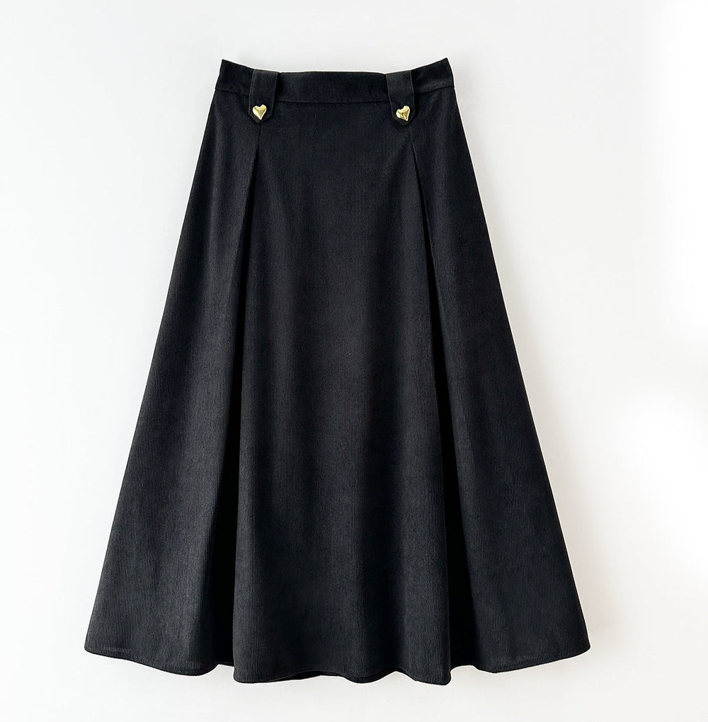 Corduroy Skirt for Women A line Large Hem Slim-Fit Slimming Umbrella Skirt Mid Length Small Retro Casual Skirt