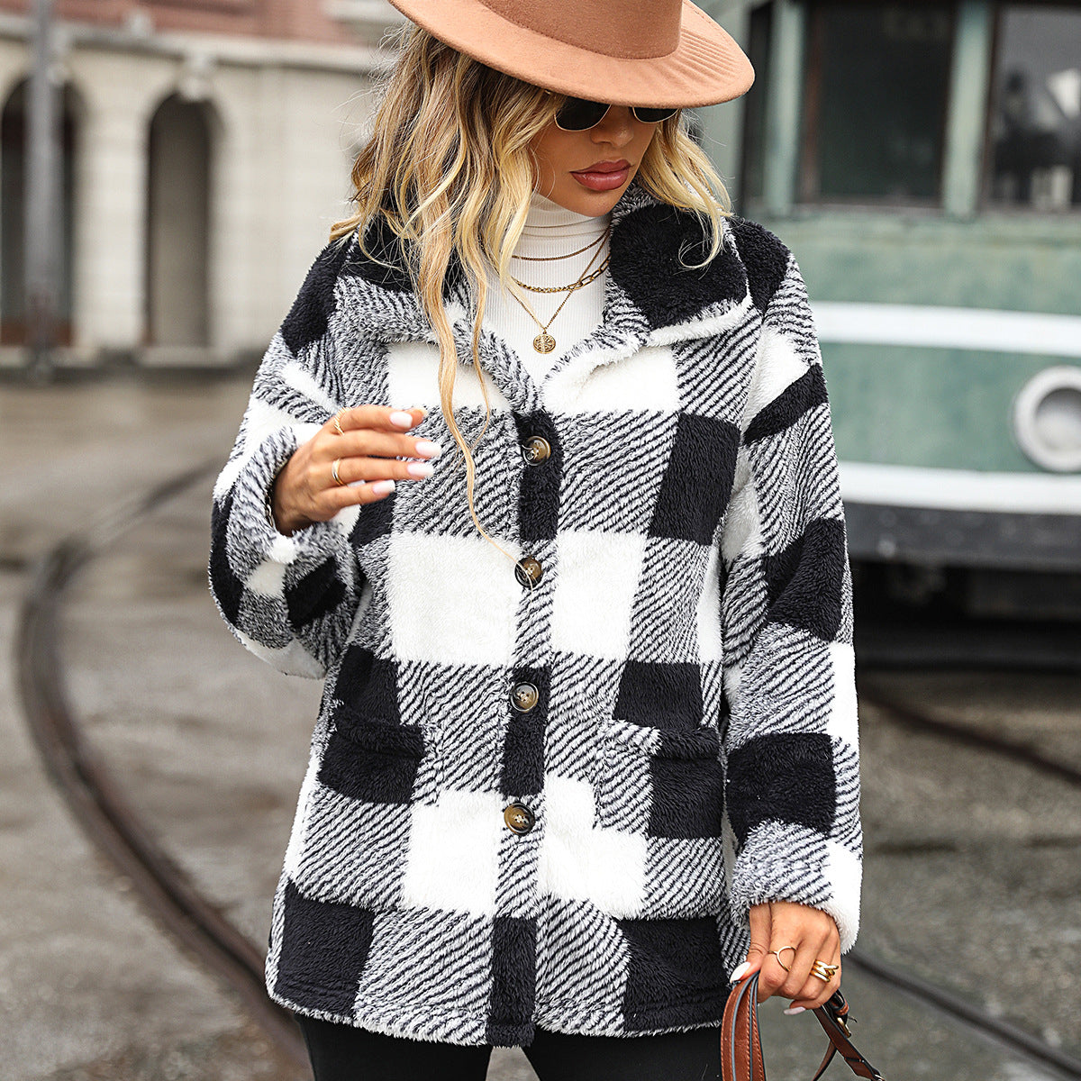 Autumn Winter Women Collared Long Sleeve Mid Length Plaid Single Breasted Plush Casual Jacket