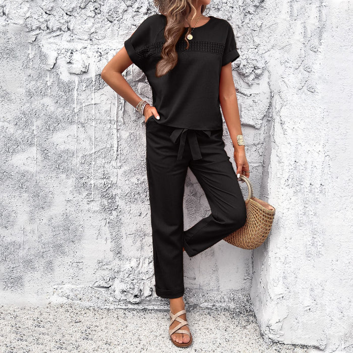 Women Clothing Shein Spring Summer Casual Short Sleeve Top Trousers Suit