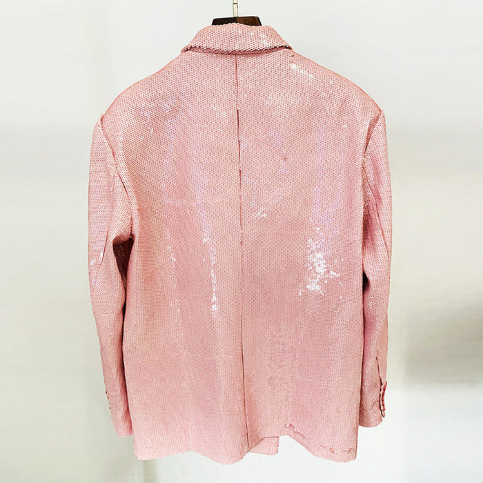 Star Double Breasted Loose Lotus Pink Sequined Blazer