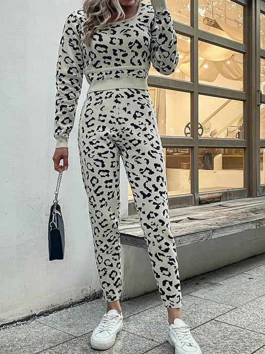 Autumn Winter Leopard Print Pullover Sweater Trousers Two Piece Set Women