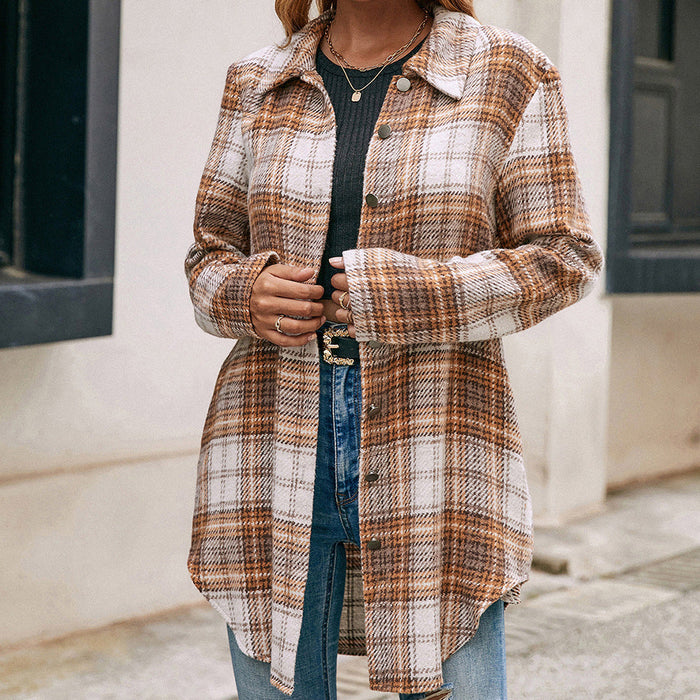 Loose Casual plus Size Plush Plaid Long Sleeve Shacket Jacket Coat Brushed Plaid Windbreaker Shacket for Women