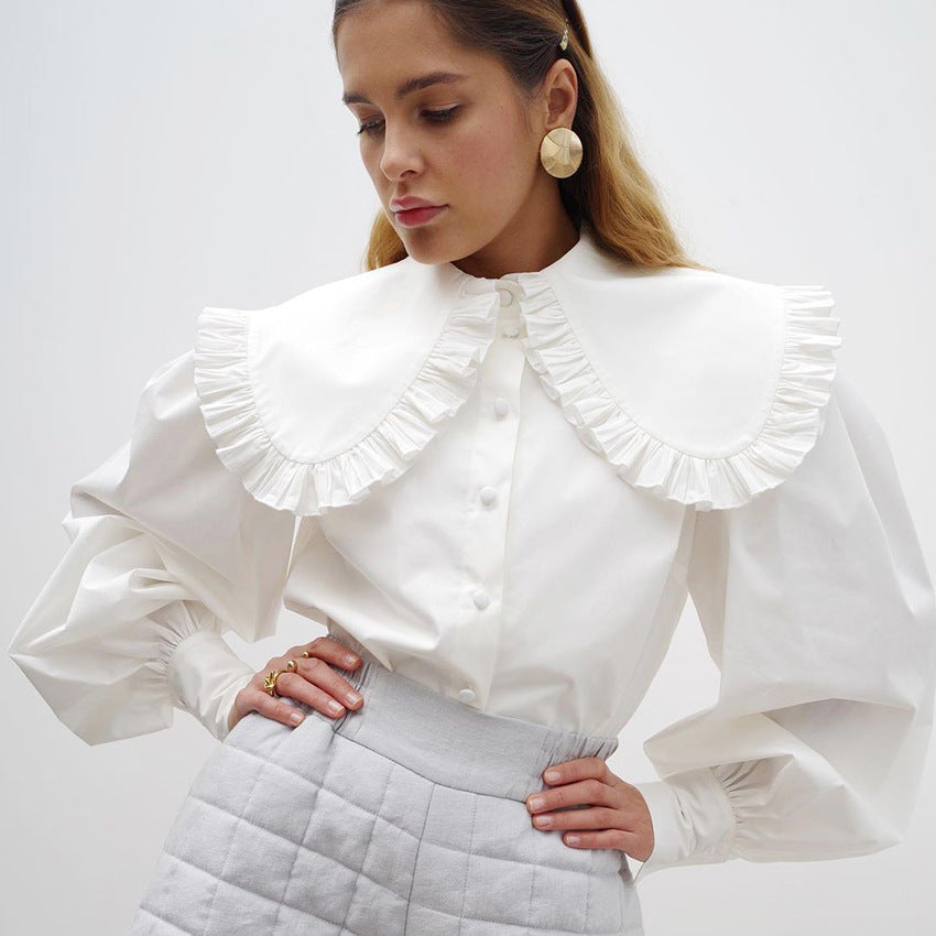 French Palace Doll Collar White Cotton Shirt Women Spring Fungus Long Sleeve Shirt