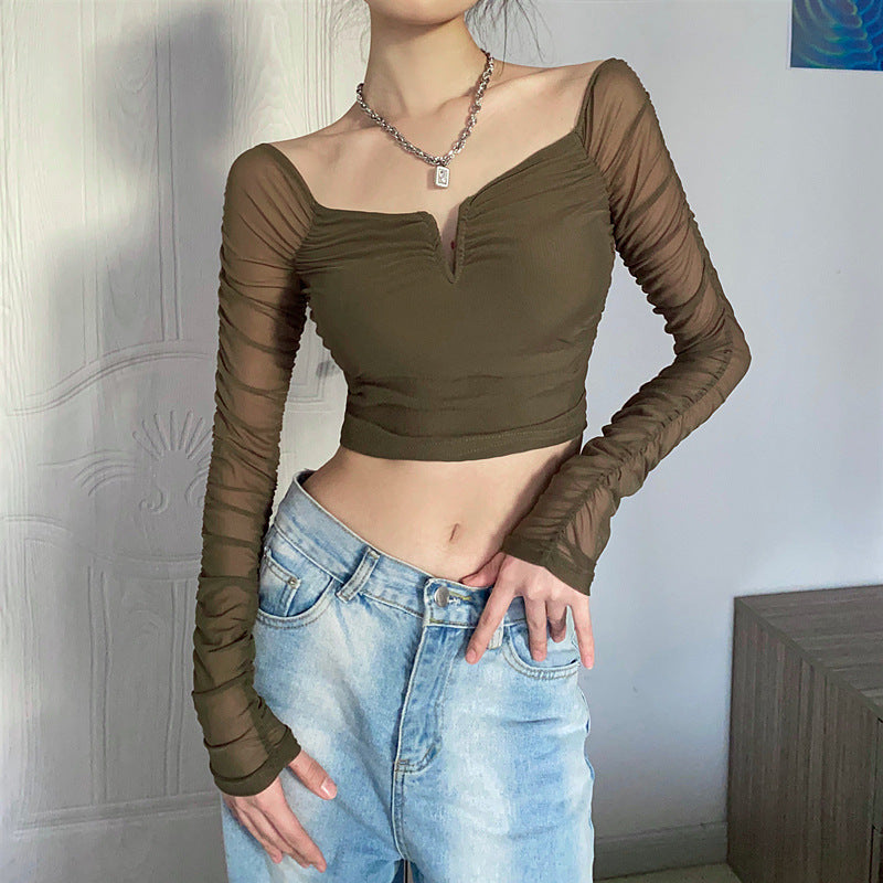 Spring Sexy Pleated Mesh See through Long Sleeved T shirt Top for Women