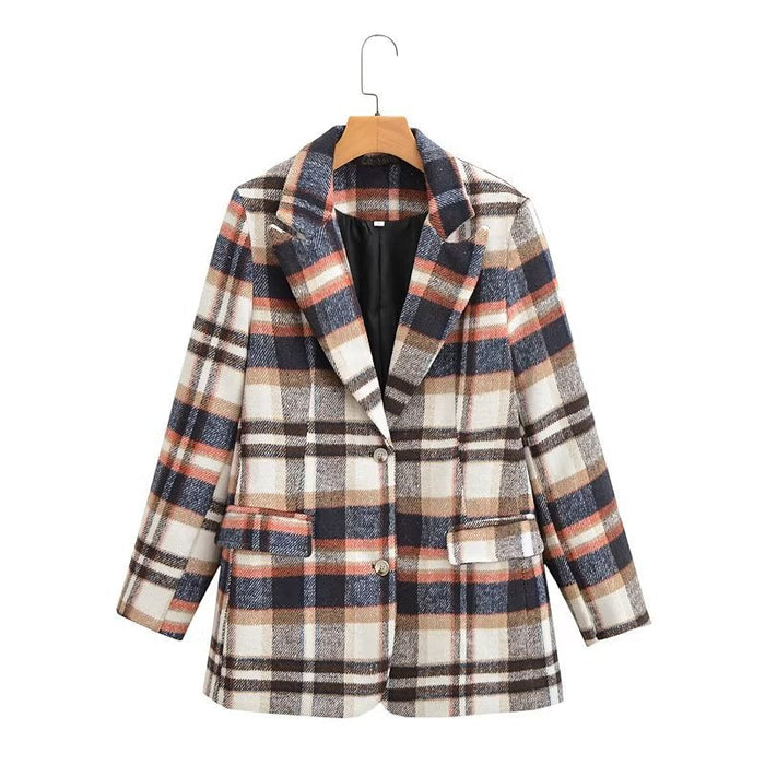 Autumn Winter Woolen Plaid Blazer Single Breasted Mid Length Top