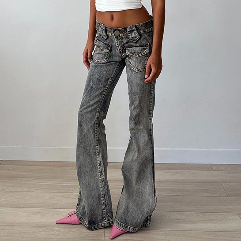 Women Streetwear Slim Wash Pocket Stitching Bootcut Pants Vintage Smoky Gray Jeans