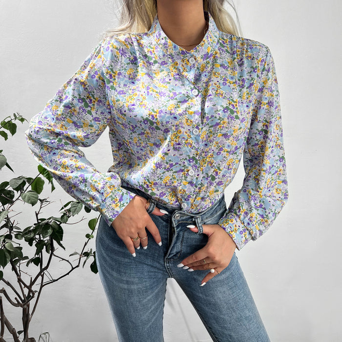 Autumn Winter Wih Printed Shirt Single Breasted Bishop Sleeves Top