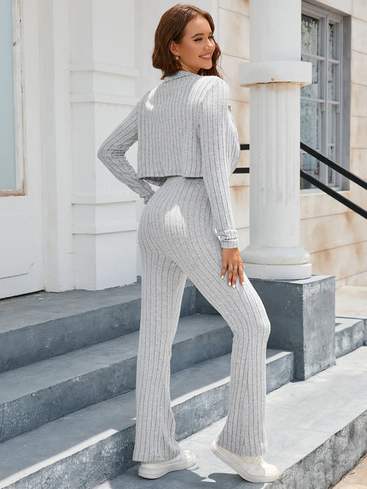 Knitted round Neck Long Sleeve Zipper Cardigan Trousers Wide Leg Pants Two Piece Suit Women