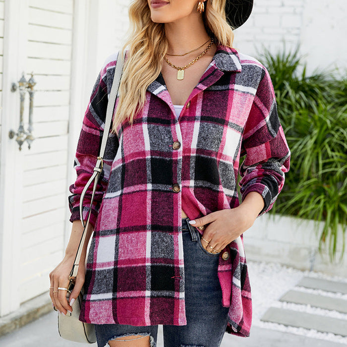 Women Clothing High Profile Figure Autumn Winter Long Sleeved Plaid Shirt Mid Length Woolen Coat