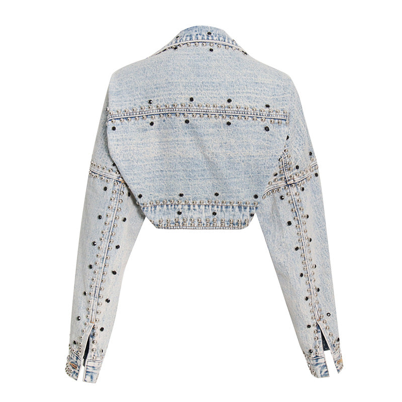 Shawl Denim Coat Jacket Loose Long Sleeve Heavy Industry Rivet Thin Denim Top Fall Women Clothing