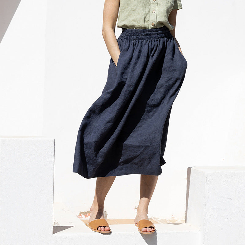 Ramie Cotton Skirt Women Elastic Waistband Slimming Plus Size Cotton Linen Niche Big Hem A line Skirt