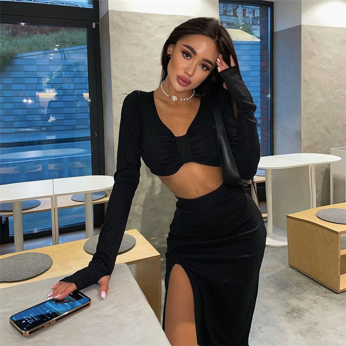 Winter Women Clothing Long Sleeve V neck cropped T shirt Slim Fit Slit Skirt Set Women