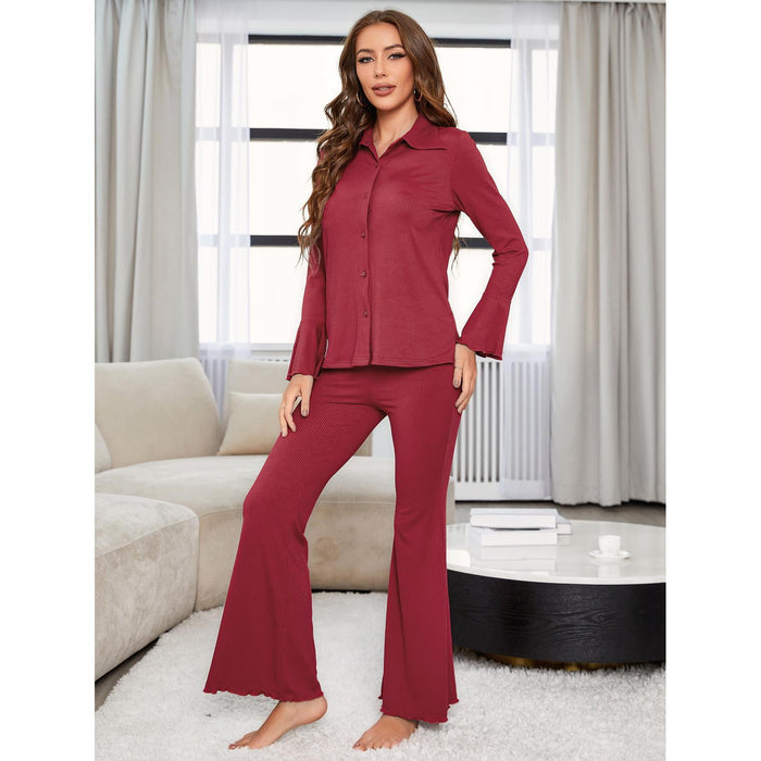 Pajamas Women Autumn Winter Red Threaded Long Sleeve Home Wear Two Piece Set