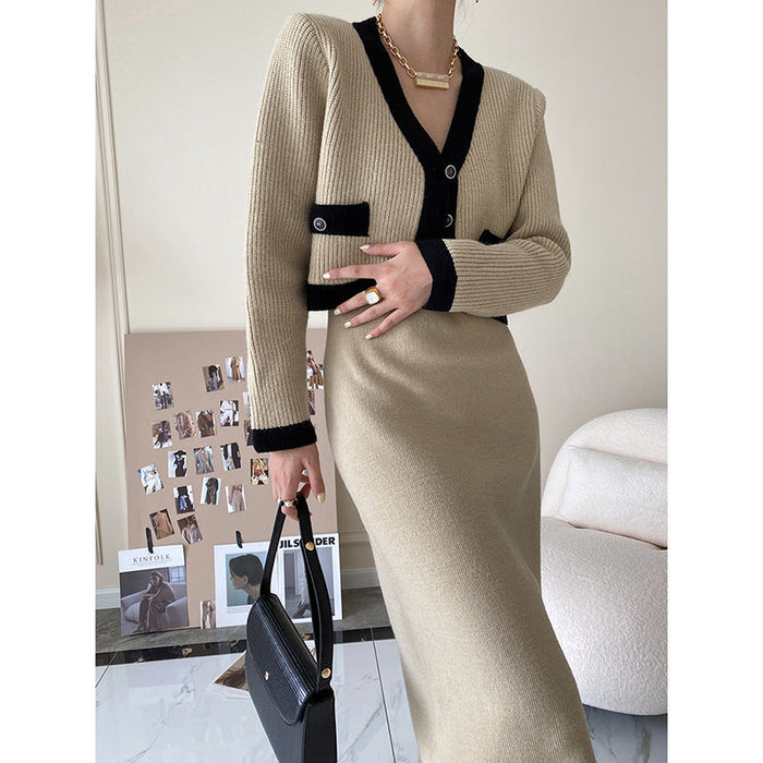 Fragrant Dress Knitted Cardigan Two Piece Set Autumn Winter Gentle Slim Fit Suit