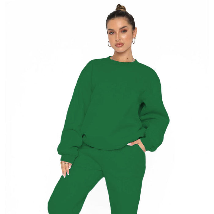 Autumn Winter Solid Color with Fur round Neck Pullover Long Sleeve Sweater Casual Trousers Suit