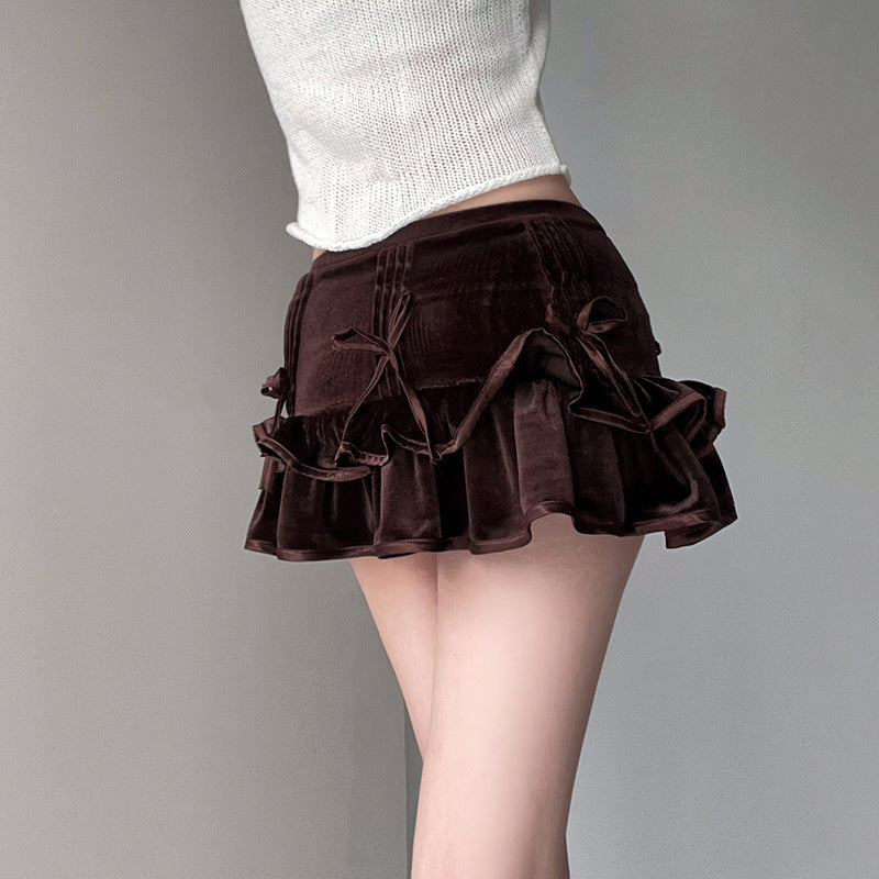 Retro Brown Bow Bandage High Waist Velvet Skirt Cute Cute Curling Cake Miniskirt