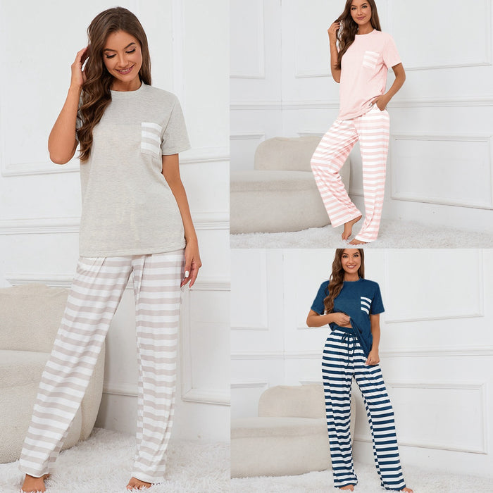 Real Shot round Neck Short Sleeve Top Striped Printed Lace Trousers Home Wear Pajamas Suit for Women