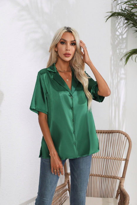 Collar Satin Shirt Women's Satin Artificial Silk Short Sleeve Shirt Amoi Women's Clothing