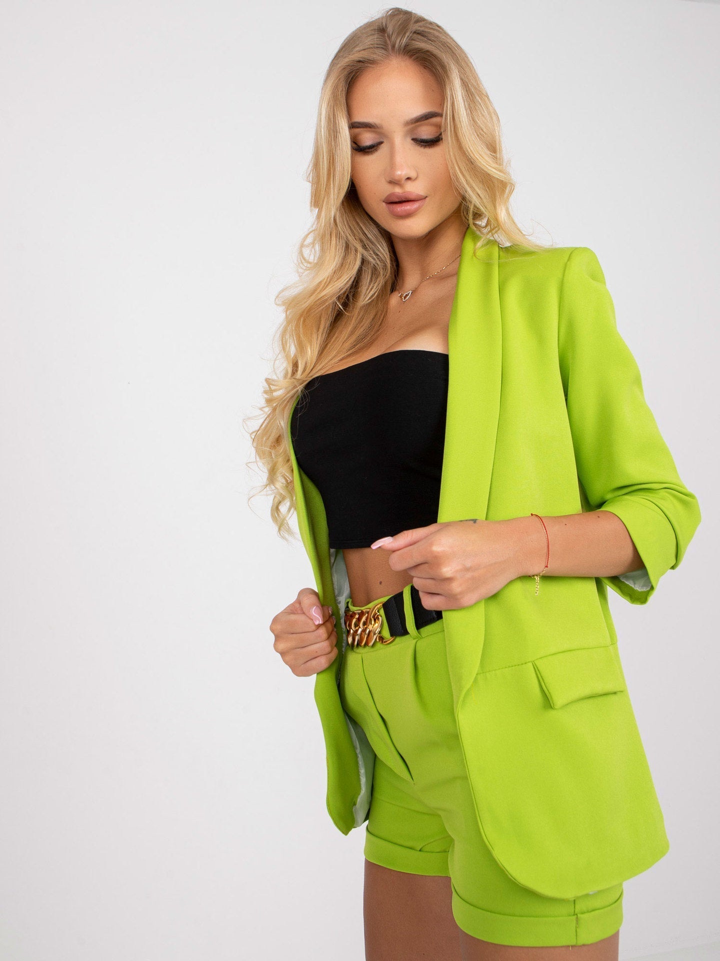 Women Clothing Suit Casual Polo Collar Solid Color Suit Shorts Two-Piece Set Belt Not Included