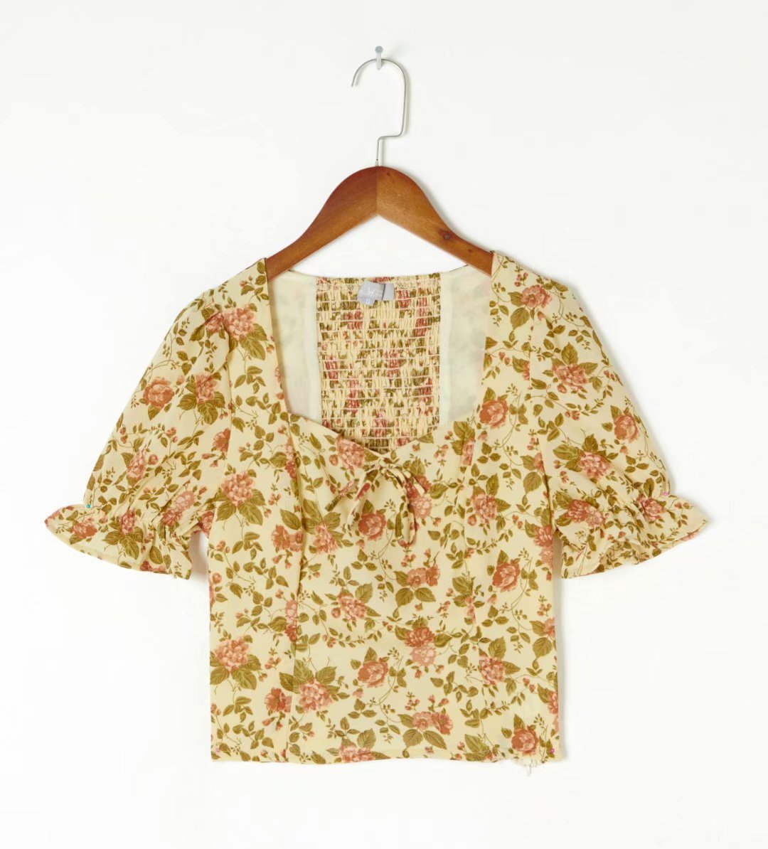 Summer Trendy Slim Shirt Square Collar Shirt French Vintage Small Floral Puff Sleeve Top Women