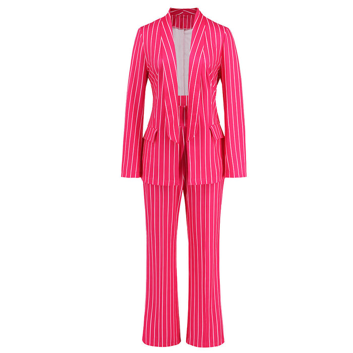 Autumn Winter Casual Striped Blazer Straight Wide Leg Pants Suit Two Piece Suit