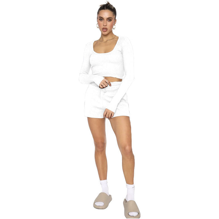 Spring Waffle Solid Color U Neck Long Sleeved Short Women Clothing Casual Shorts Suit