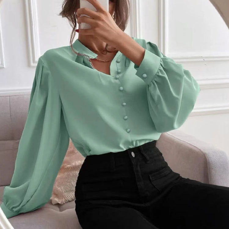 Women  Shirt Autumn Elegant Solid Color Collared Long Sleeve Single Row Button Loose Women Top