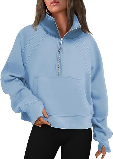 Women Clothing Half Zipper Short Stand Collar Thumb Hole Brushed Hoody