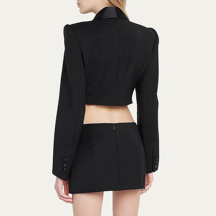 Autumn Winter Diamond Set Sexy Deep V Plunge Blazer Collar Coat Mini Skirt Two Piece Set