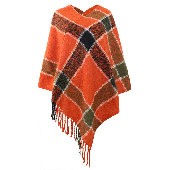 Autumn Winter Cashmere Contrast Color Striped Cloak Knitted Tassel Scarf Shawl Women