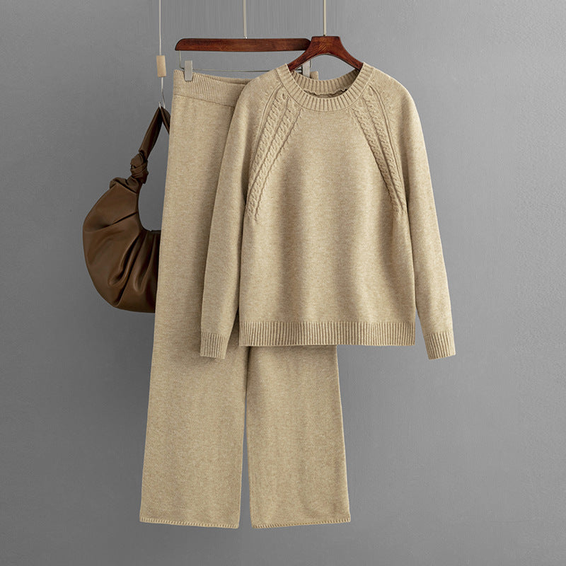 Autumn Winter Casual Solid Color Knitting Suit Women Loose Sweater Wide Leg Pants Two Piece Set