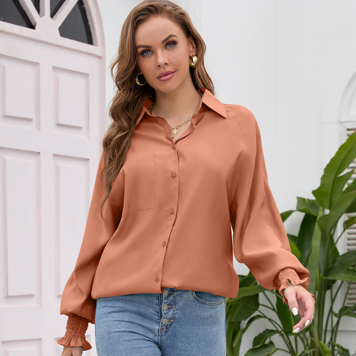 Women Collared Lantern Sleeve Tencel Top Solid Color Loose Large Shirt