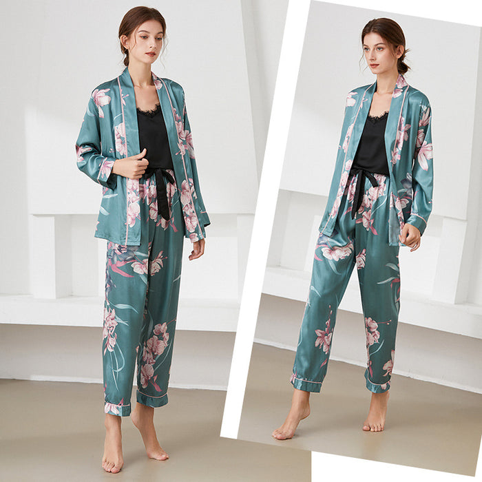 Simple Women Suspender Trousers Home Wear Mid Length Printed Lace Bathrobe Comfortable Thin Pajamas Three Piece Set