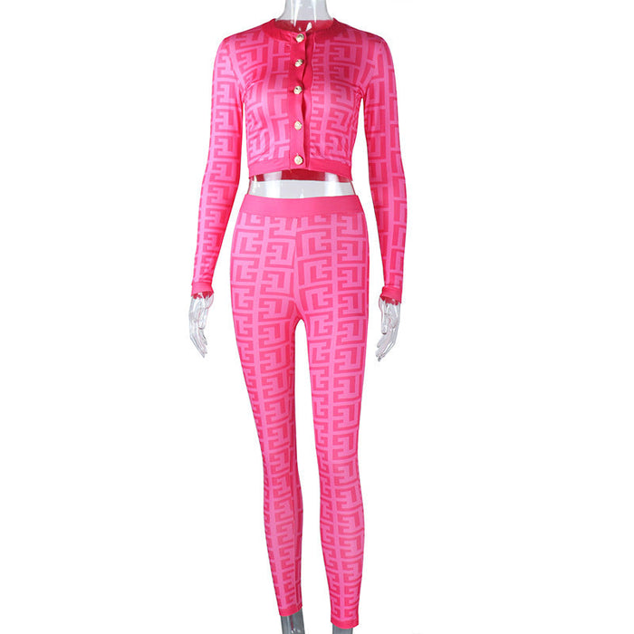 Women Clothing Autumn Winter Printed Button Back Pants Zipper Casual Suit