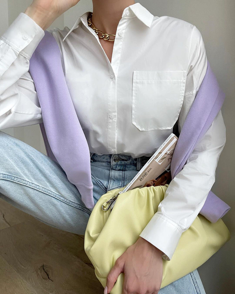 spring Summer Long Sleeve Irregular Asymmetric Design Single Pocket Solid Color Shirt