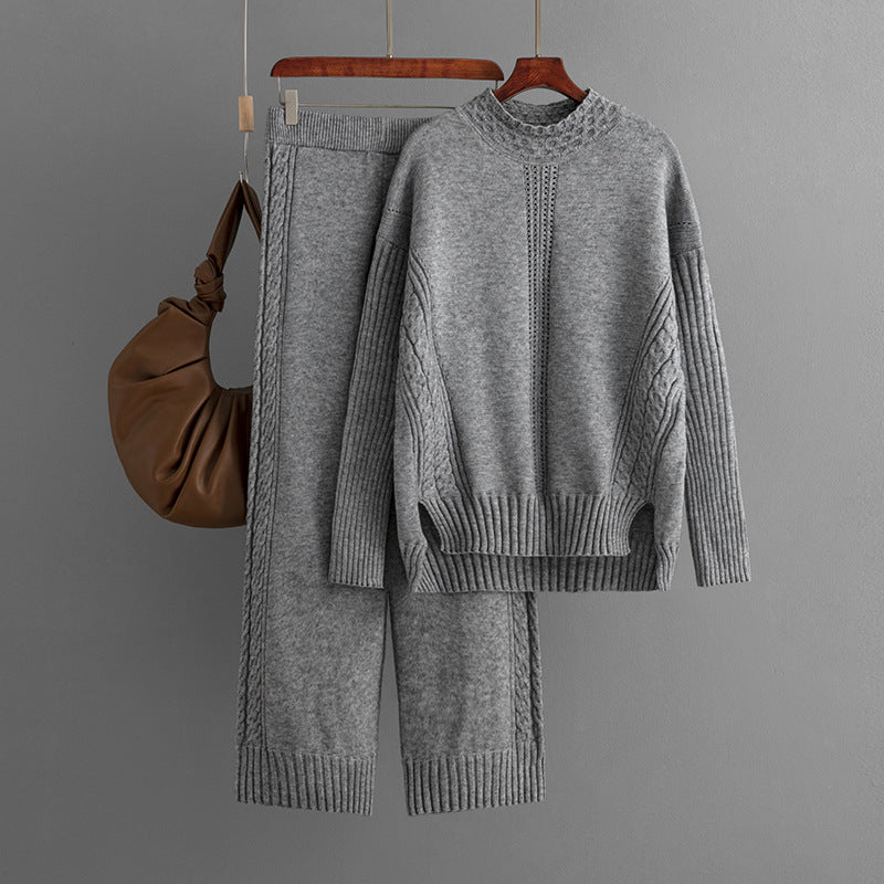 Suit Women Autumn Winter Casual Solid Color Loose Knitted Mock Neck Sweater Two Piece Set