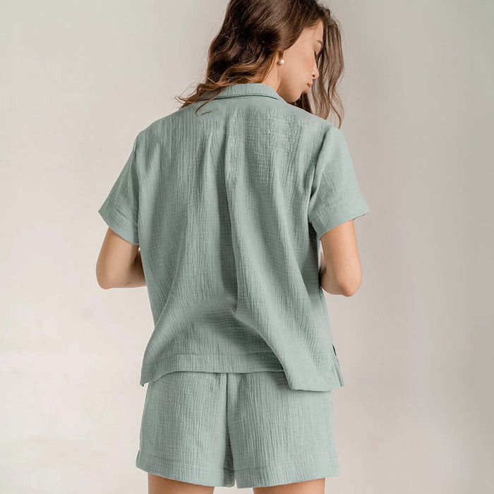 Summer Cotton Linen French Simplicity Sports Shirt Shorts Double Layer Gauze Pajamas Women  Homewear