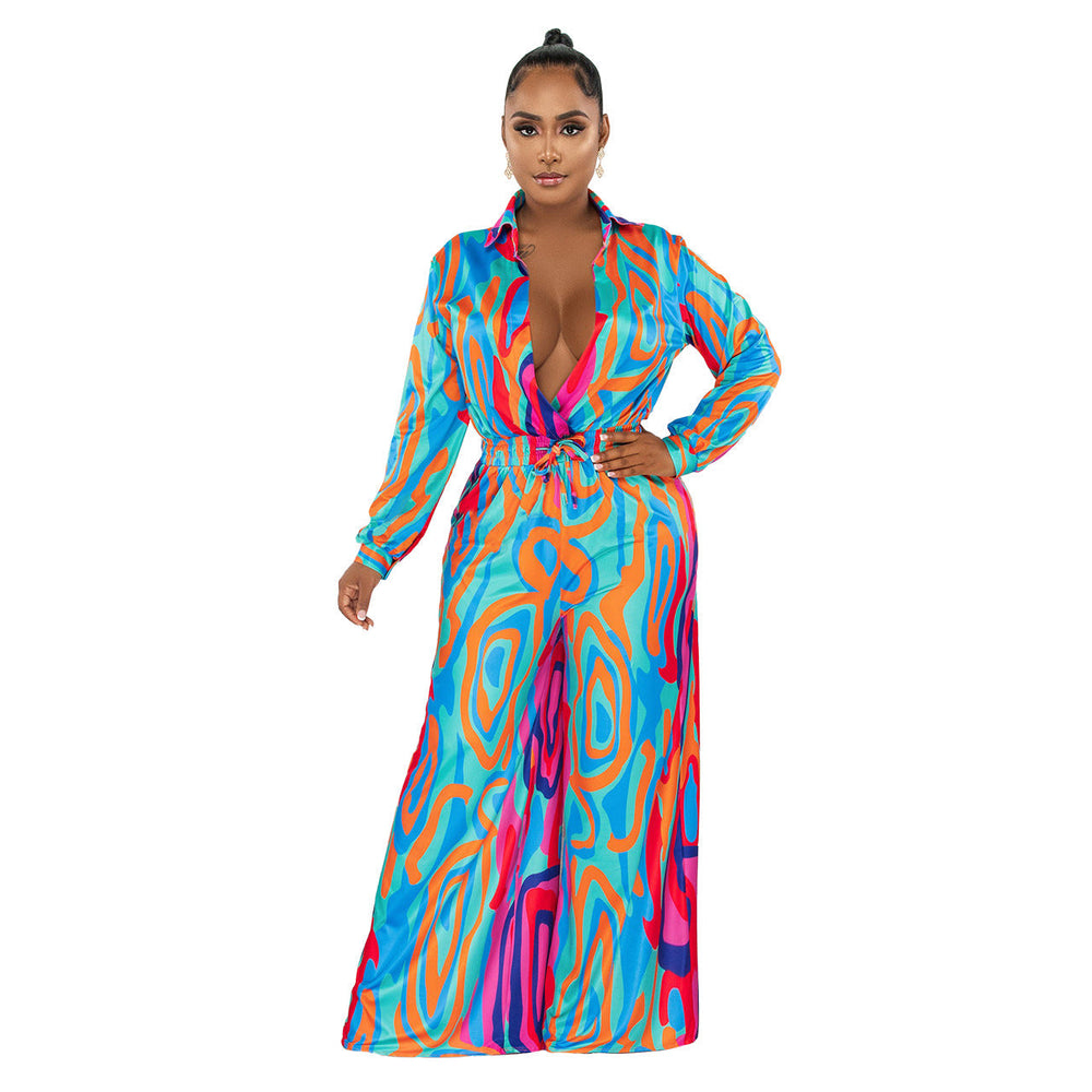 Women Clothing Fall Winter Printed Shirt Collar Wide Leg Jumpsuit