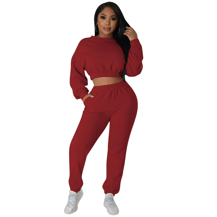 Women Clothing Autumn Winter Casual Sweater Suit Solid Color Two Piece Set