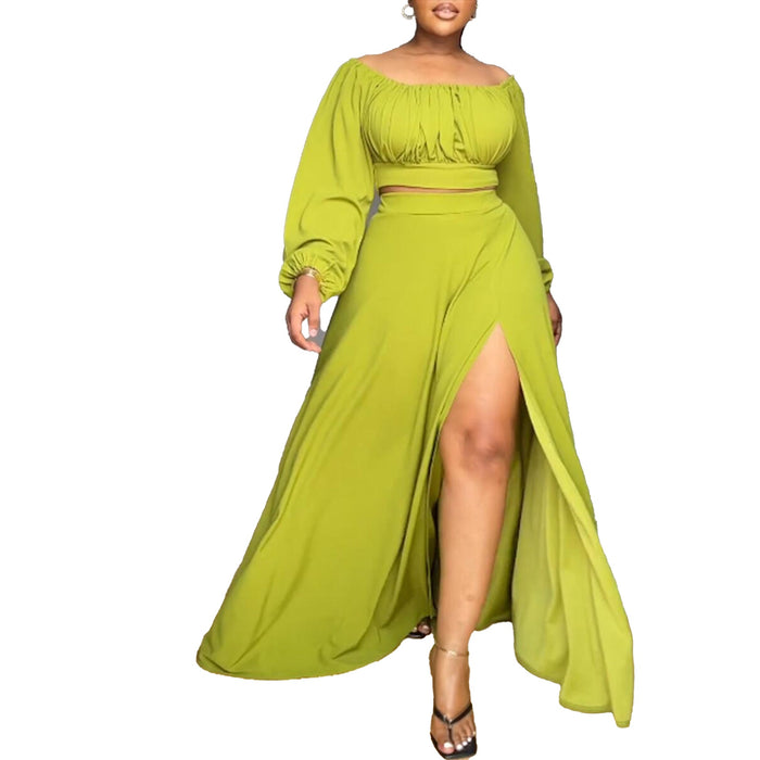 Solid Color Off Shoulder High Waist Slit Large Skirt Lantern Sleeve Two Piece Skirt