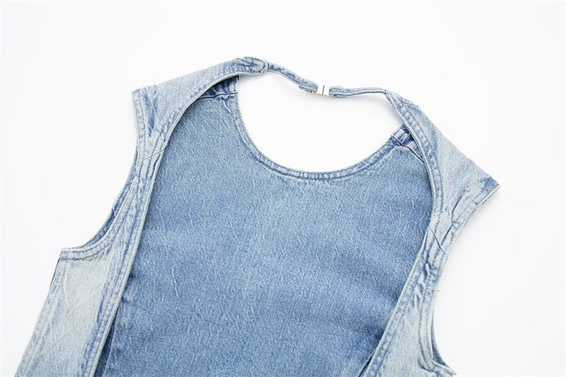 【MOQ-5 packs】 Halter Design Solid Color Camisole Bow Tie Slim Top Summer Washed Denim Vest Women