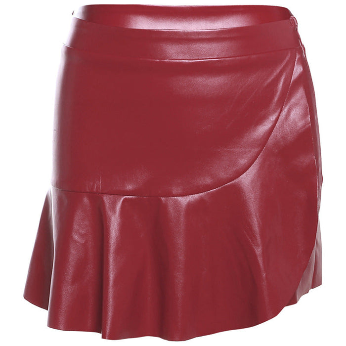Women Clothing Autumn Sexy Faux Leather Ultra Short High Waist Slim Fit Pleated Skirt