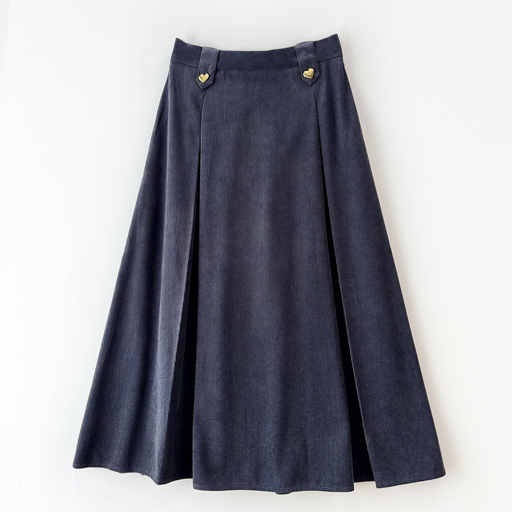 Corduroy Skirt for Women A line Large Hem Slim-Fit Slimming Umbrella Skirt Mid Length Small Retro Casual Skirt