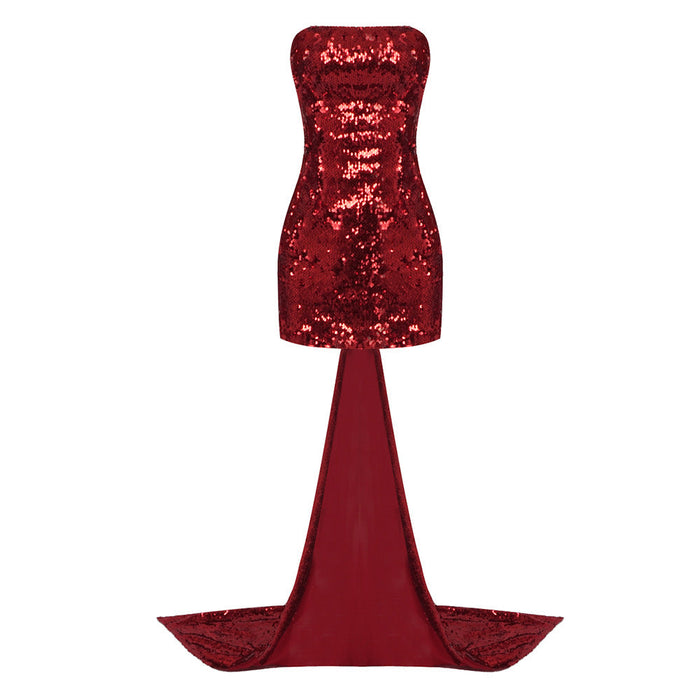 Autumn Wine Red Bow Tail Sequin Strapless Dress Women Clothing Sexy Dress