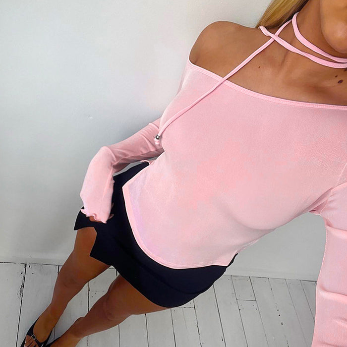 Women Clothing Spring Solid Color Sneaky Design Oblique Shoulder Long Sleeve Slim Fit Sexy T Shirt